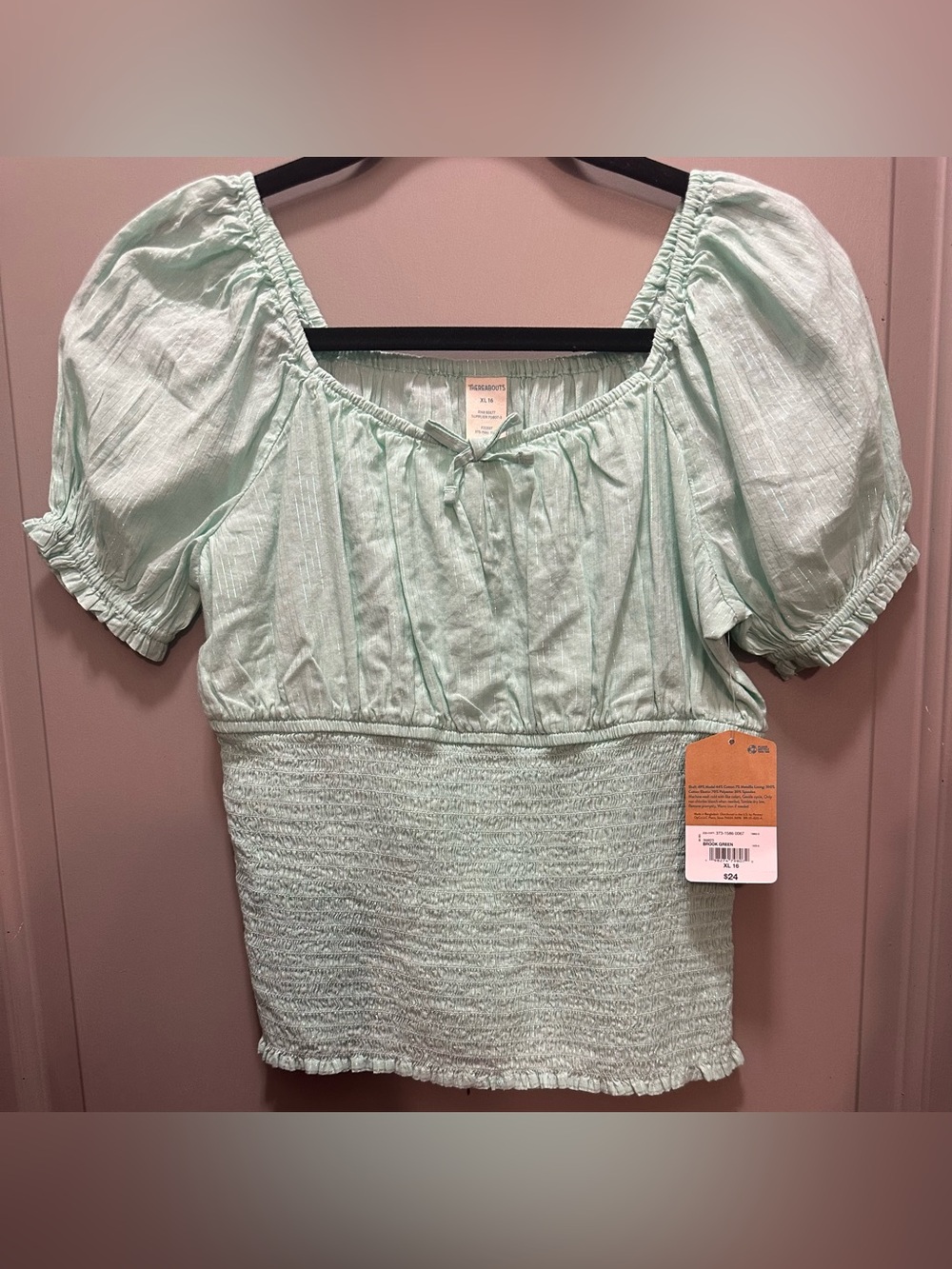 Thereabouts Size XL (16) Girls’ Green Smocked Square Neck Blouse NWT